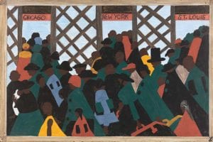 Panel 1 of “The Migration Series” (1940-41) by Jacob Lawrence, which the artist captioned: “During World War I there was a great migration north by southern African Americans.” Casein tempera on hardboard, 12 x 18 in. The Phillips Collection, Washington, D.C., Acquired 1942. 
