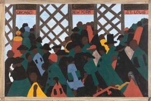 Panel 1 of “The Migration Series” (1940-41) by Jacob Lawrence, which the artist captioned: “During World War I there was a great migration north by southern African Americans.” Casein tempera on hardboard, 12 x 18 in. The Phillips Collection, Washington, D.C., Acquired 1942.