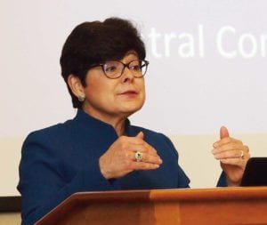 Central Connecticut State University President Zulma Toro delivers a keynote address during the Women of Color in the Academy Conference.