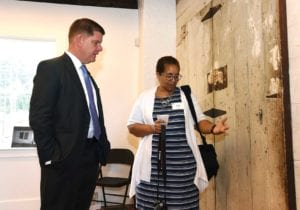 Mayor Walsh speaks with Patricia Spence, executive director of the Urban Farming Institute, at the grand opening of the Fowler Clark Epstein Farm. Photo: Mayor’s Office photo by Isabel Leon