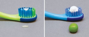 For children younger than three, the American Dental Association recommends limiting the amount of fluoride toothpaste to no more than the size of a grain of rice (left). For children three to six, use no more than a pea-sized amount of fluoride toothpaste (right). photo: American Dental Association