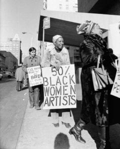 Jan van Raay, Faith Ringgold (right) and Michele Wallace (middle) at Art Workers Coalition Protest, Whitney Museum, 1971. photo: Courtesy the artist, Portland, OR, 305-37. © Jan van Raay