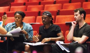 Associate Music Director Joelle Lamarre, Music Director Jaret Landon, and Director Zach Winokur watching rehearsal of “The Black Clown.” Photo: Maggie Hall