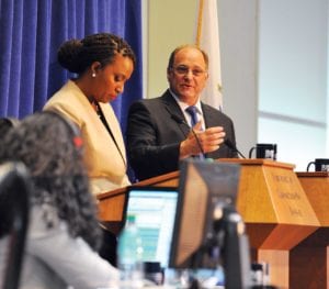 U.S. Rep. Michael Capuano makes a point during a debate with City Councilor Ayanna Pressley sponsored by WBUR and the Boston Globe. Photo: Kahrim Wade