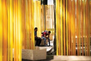 The public, students and staff are encouraged to use the space created by Teresita Fernández’s “Autumn (...Nothing Personal)” in Harvard Yard. Photo: Stephanie Mitchell