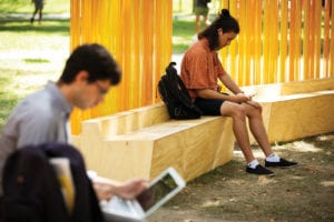 The public, students and staff are encouraged to use the space created by Teresita Fernández’s “Autumn (...Nothing Personal)” in Harvard Yard. Photo: Stephanie Mitchell