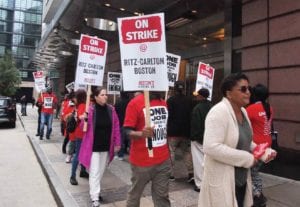 Workers on strike outside the Sheraton Hotel on Dalton Street.