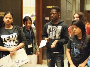 McCormack School 8th grader John Aljoe addresses City Council staffers during a lobby day at City Hall Friday. Students from the McCormack, West Roxbury Academy and Urban Science Academy met with councilors and staff to ask that their schools not be closed. Banner Photo