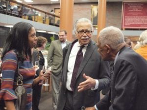 Banner Publisher Melvin Miller greets guests at the launch of his book, “Boston’s Banner Years: 1965-2015; A Saga of Black Success.” — Banner Photo