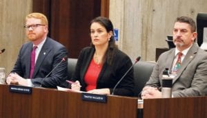 City Councilors Matt O’Malley, Annissa Essaibi-George and Tim McCarthy listen to testimony. BANNER PHOTO