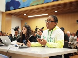 West Roxbury Academy student Noah Pierre speaks out against BPS plans to close the West Roxbury Education Complex. — Banner Photo