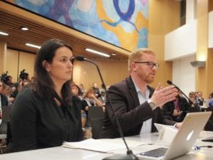 City councilors Annissa Essaibi-George and Matt O’Malley testify during last week’s school committee meeting. BANNER PHOTO