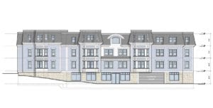 Architectural drawing of Federico’s planned four-story, 28-unit apartment building on the vacant lots at the corner of Warren Street and St. James Street. PHOTO: MCKAY ARCHITECTS