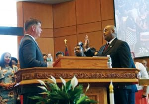 Mayor Martin Walsh swears in William Gross as police commissioner.—PHOTO: Mayor's Office Photo By Jeremiah Johnson
