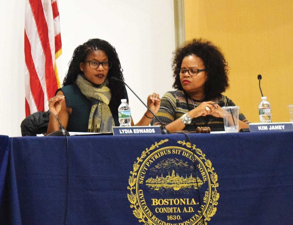 City Councilors Lydia Edwards and Kim Janey at a November 2018 hearing on displacement in Roxbury. PHOTO: KAREN MORALES