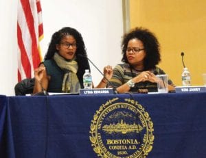 City Councilors Lydia Edwards and Kim Janey at a November 2018 hearing on displacement in Roxbury. PHOTO: KAREN MORALES