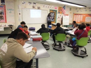 Students can choose to sit in movable chairs, use standing or traditional desks in some classrooms at the Joseph Lee school. — BANNER PHOTO