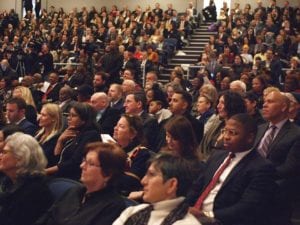 Rollins’ swearing in ceremony drew a capacity crowd at Roxbury Community College’s Media Arts Center with overflow at the Reggie Lewis track facility. BANNER PHOTO