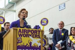 U.S. Sen. Elizabeth Warren speaks as U.S. Sen. Ed Markey looks on. PHOTO: TREA LAVERY