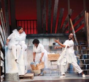 (left to right) Pier Lamia Porter as The Washing Machine, Yewande Odetoyinbo as Caroline Thibodeaux and Davron S. Monroe as The Dryer; PHOTO: Sharman Altshuler