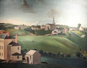 This 1799 painting by John Ritto Penniman shows Meetinghouse Hill. The Dillaway-Thomas House can be seen at the far right atop the hill. The Spooner Lambert House is at the left in the background.