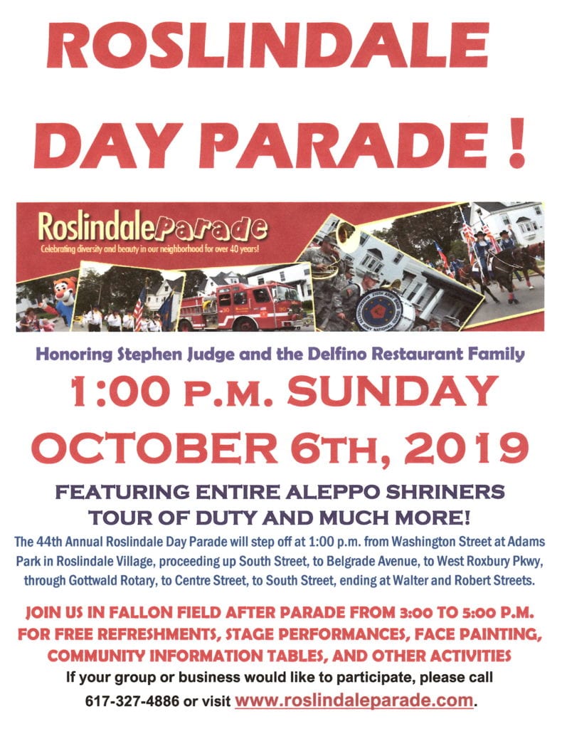 44th Annual Roslindale Day Parade, Sunday, October 6th, 1:00 p.m.