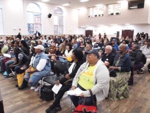 The audience at last week’s at-large city council debate filled the Thelma Burns auditorium at ABCD’s Grove Hall site. BANNER PHOTO