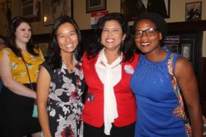 At-large Councilor Michelle Wu, Alejandra St. Guillen and Lydia Edwards at Doyle's. Alexa Gorgosz photo