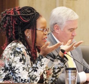 District 7 City Councilor Kim Janey questions city officials on the ballot question procedure. BANNER PHOTO