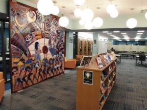 The newly-renovated library at RCC retains an installation by Roxbury artist Napoleon Jones-Henderson. BANNER PHOTO