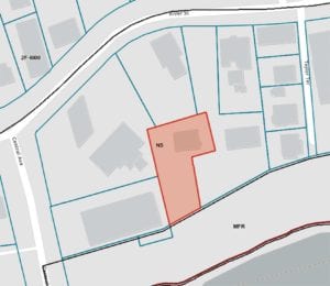 A seven-unit condo building was permitted for construction and built at 52R River Street, although the parcel (in orange) has no frontage on a public way.