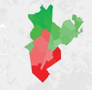 This District 5 map shows votes received by Ricardo Arroyo in green and Maria Esdale Farrell in red. GRAPHIC: MATT MCCLOSKEY