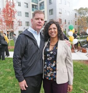 Mayor Martin Walsh enjoys a moment with Madison Park Vice President of Programs Leslie Reid during the ribbon cutting ceremony for Melnea Cass Apartments. PHOTO: JOHN WILCOX, MAYOR’S OFFICE