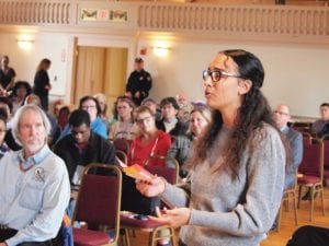 Randolph High School junior Gabriella Diaz asks U.S. Rep. Ayanna Pressley a question about immigration. BANNER PHOTO
