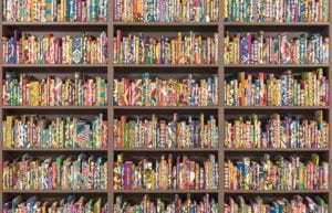 Yinka Shonibare CBE, The American Library (detail), 2018. Hardback books, Dutch wax printed cotton textile, gold foil. Installation view, FRONT International, Cleveland, Ohio, 2018 © Yinka Shonibare CBE. PHOTO: Field Studio