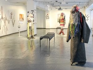 Installation view of Cannupa Hanska Luger’s exhibition “Future Ancestral Technologies: nágshibi” at Emerson College’s Media Art Gallery. PHOTO: CELINA COLBY