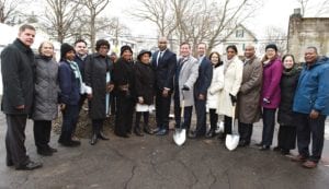 Elected officials and community activists join in the ceremonial groundbreaking for an affordable housing development at the Cote Ford site in Mattapan. PHOTO: ISABEL LEON, MAYOR’S OFFICE
