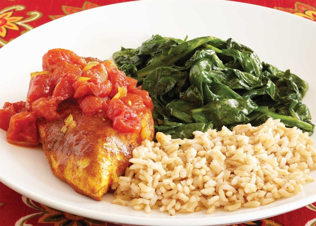 Moroccan Chicken with Brown Rice and Lemon Sautéed Spinach