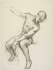 John Singer Sargent (American, 1856–1925), Study of a Seated Male Nude for the Rotunda or Grand Staircase of the Museum of Fine Arts, Boston, 1916–1921. Charcoal on paper, 63.3 x 47.8 cm (24 15/16 x 18 13/16 in.) Isabella Stewart Gardner Museum, Boston (S.G.Sar.4.1.3)