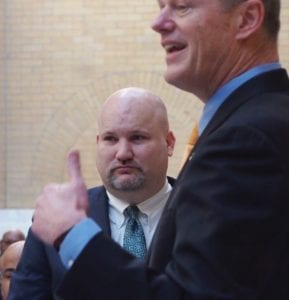 Commissioner of Elementary and Secondary Education Jeffrey Riley, with Gov. Charlie Baker, during a 2018 event. BANNER FILE PHOTO