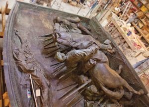 The Robert Gould Shaw and Massachusetts 54th Regiment Memorial is undergoing restoration at Skylight Studios in Woburn. PHOTO: SKYLIGHT STUDIOS
