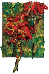 Zoila Coc-Chang, "mi hogar rojo," 2020. Oil, acrylic, paper towel, sand and yarn on canvas. COURTESY PHOTO