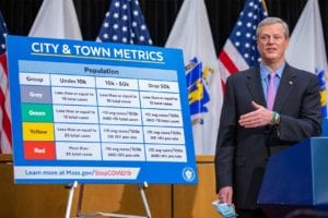 Gov. Charlie Baker outlines the state’s revised color coding system for COVID infections. PHOTO: JOSHUA QUALLS, GOVERNOR’S PRESS OFFICE
