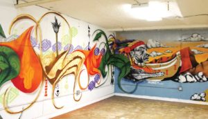 A mural by artist Jeremy Harrison (@supersobeksix) in the basement of the new DAP space. PHOTO: CELINA COLBY