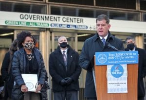 Mayor Martin Walsh addresses reporters during a press conference on the MBTA’s proposed service cuts. PHOTO: JOHN WILCOX, MAYOR’S OFFICE