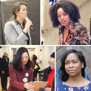 Clockwise from top left: Annissa Essaibi George, Kim Janey, Andrea Campbell and Michelle Wu COURTESY PHOTOS
