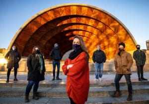 Maria Finkelmeier and a company of local musicians performed the music that will accompany the Hatch Shell illumination show. PHOTO: ARAM BOGHOSIAN