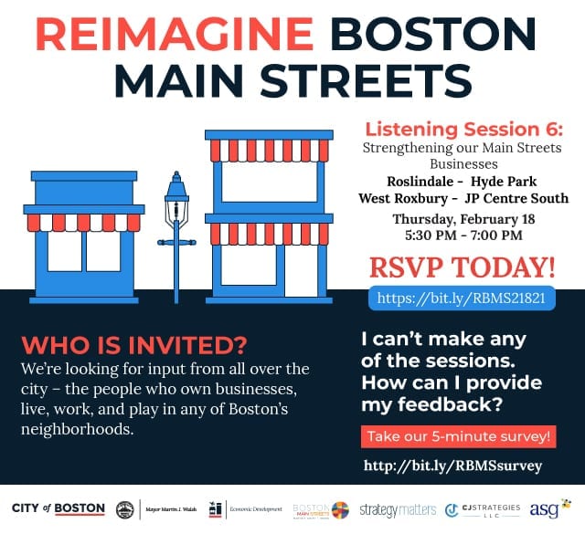 ReImagining Boston Main Streets Listening Session – Roslindale, Hyde Park, West Roxbury, JP Centre South