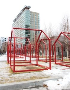 16 metal frame houses occupy downtown Seaport in Esrawe + Cadena’s “Mi Casa, Your Casa 2.0” art installation. PHOTO: CELINA COLBY