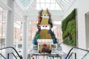 This power piece in the “Ambrosia” installation welcomes visitors at the Boylston Street entrance to the Prudential Center. PHOTO: CELINA COLBY